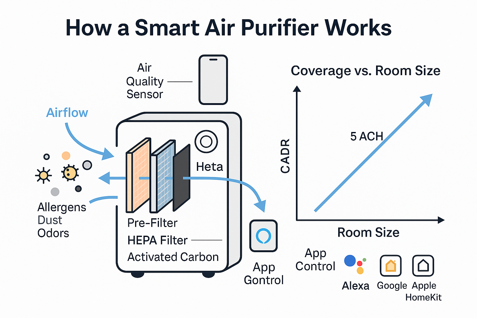 Smart air purifier cycle illustration showing sensing, cleaning, filter monitoring, and smart device automation