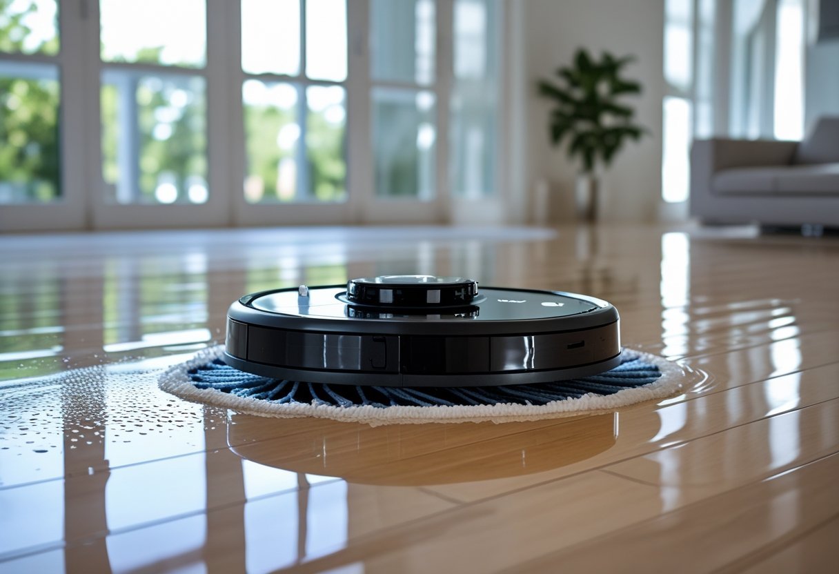 A robot mop cleaning a shiny hardwood floor in a bright and modern living room.