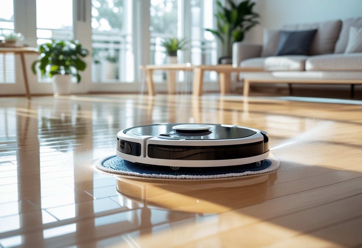 A robot mop cleaning a shiny hardwood floor in a bright living room with modern furniture.