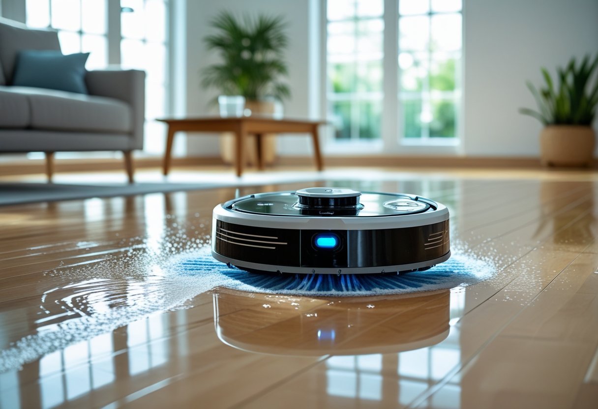 A smart robot mop cleaning a shiny hardwood floor in a bright living room with modern furniture and natural sunlight.