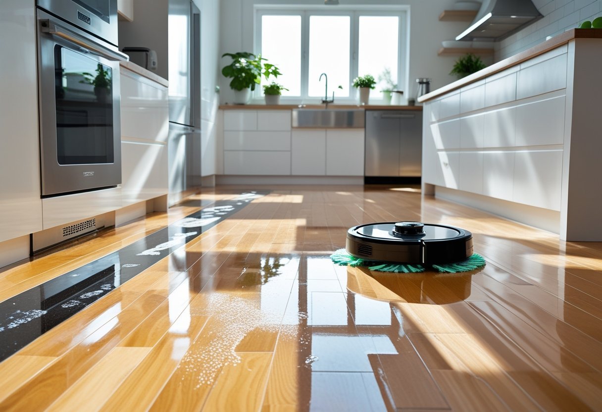 A modern kitchen with a robot mop cleaning shiny wooden floors, showing a comparison between a clean and a dirty section of the floor.