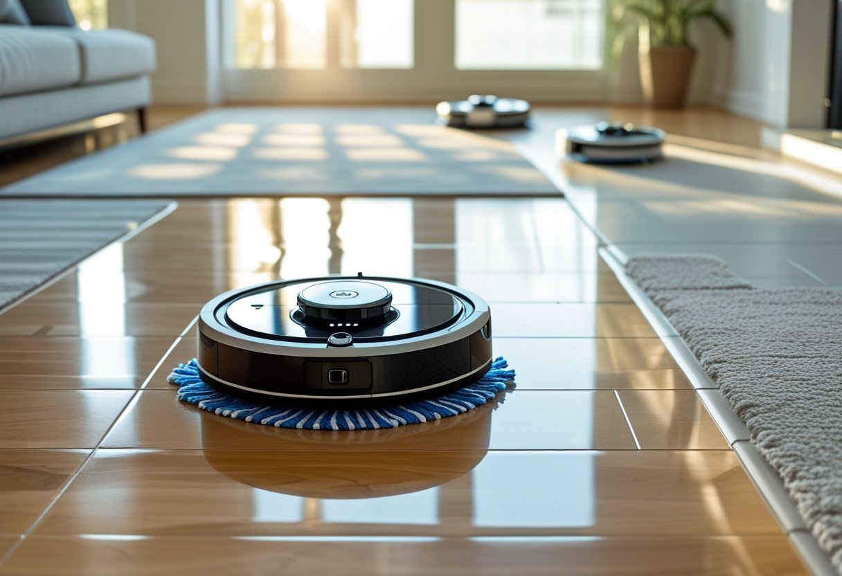 A modern living room showing a robot mop cleaning a hardwood floor, another robot mop on tile, and a robot vacuum on carpet.