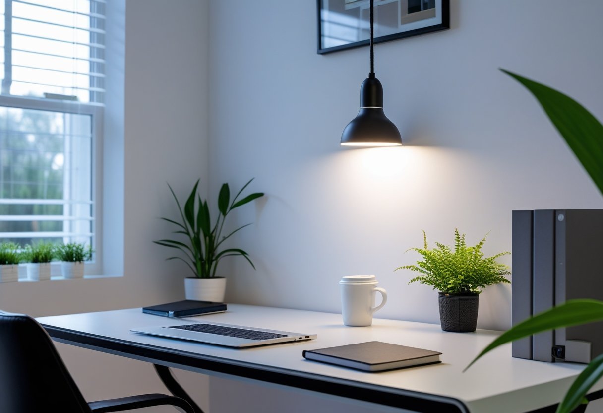 A modern home office with a desk, laptop, coffee cup, green plants, and a smart bulb providing soft white light.