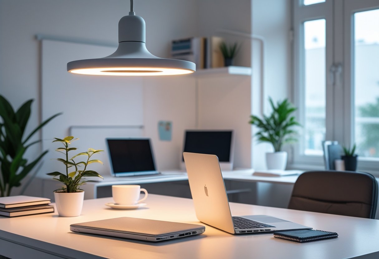 A modern home office with a desk, laptop, coffee cup, and a smart bulb providing warm light above the workspace.