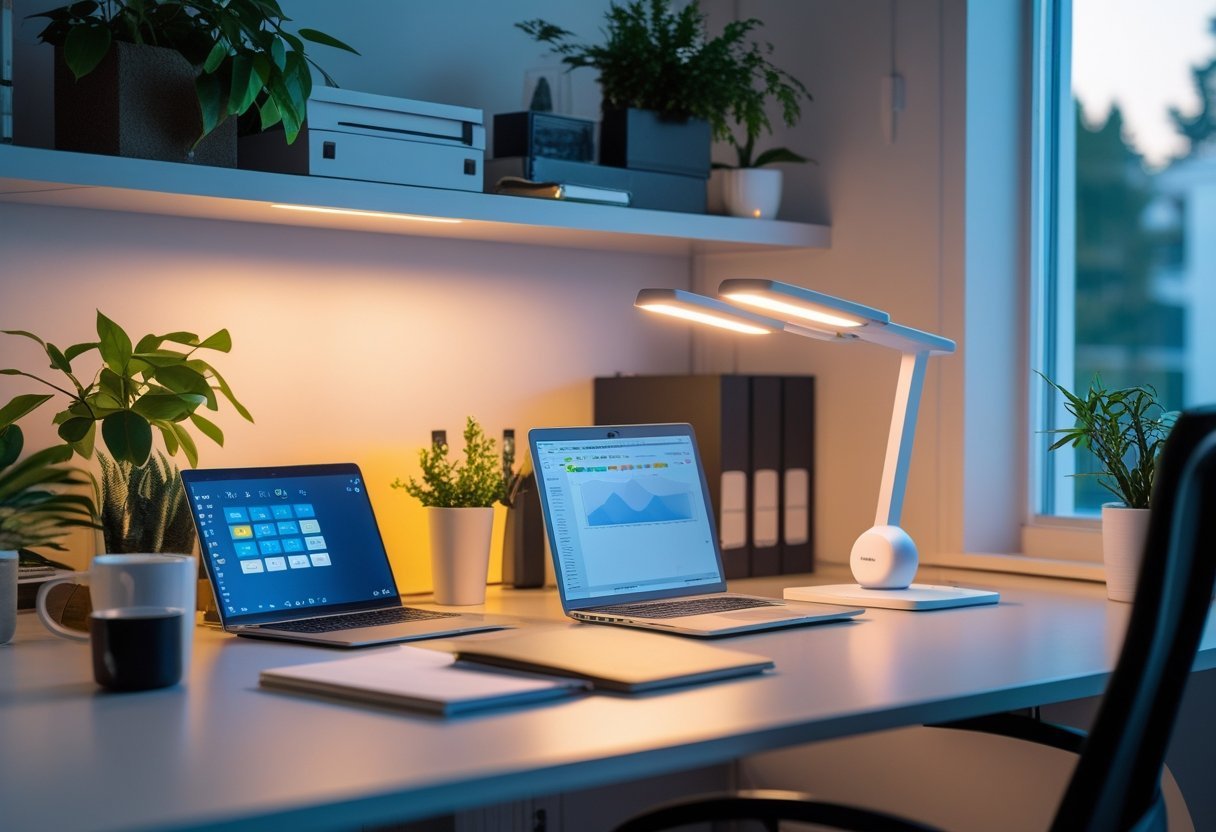 A modern home office with a desk, laptop, and smart bulb providing warm, adjustable lighting.