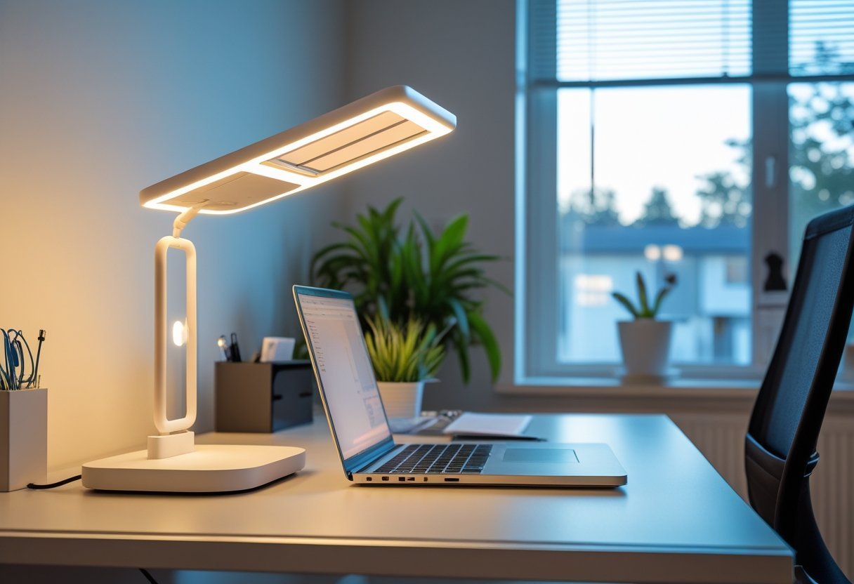 A modern home office with a laptop on a desk and a smart bulb lamp providing warm light, creating a bright and organized workspace.