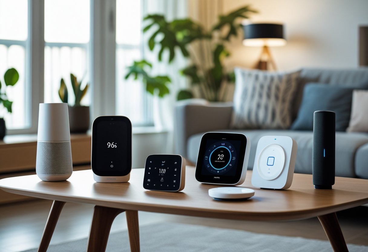 A modern living room with various smart home hubs and controllers displayed on a table, showing different types of devices used for home automation.