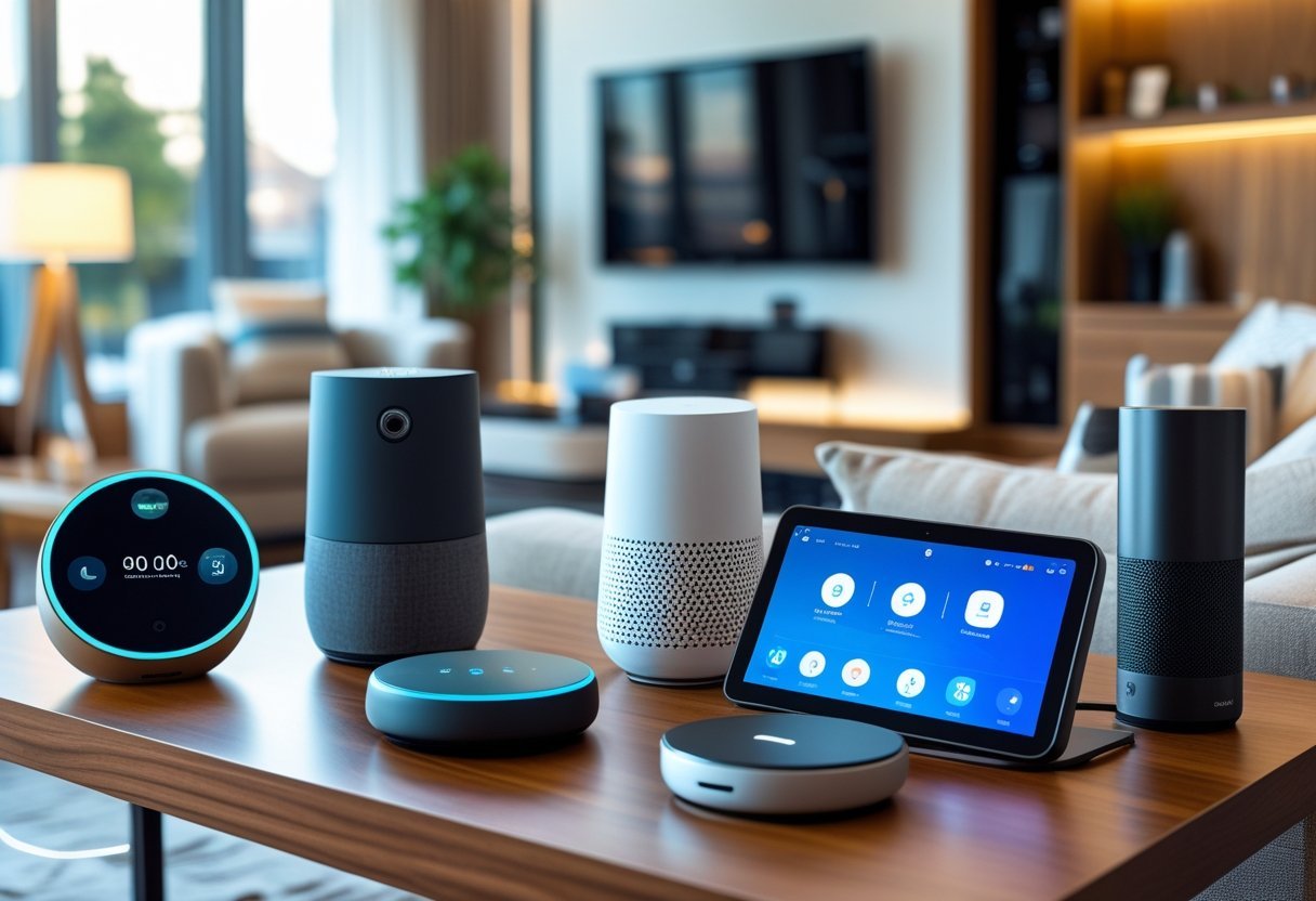 A modern living room table displaying five different smart home hubs and controllers with smart devices visible in the background.
