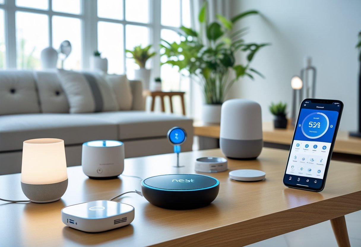 A modern living room with a Google Nest Hub on a table surrounded by smart home devices like lights, speakers, thermostat, and a smartphone displaying a smart home app.