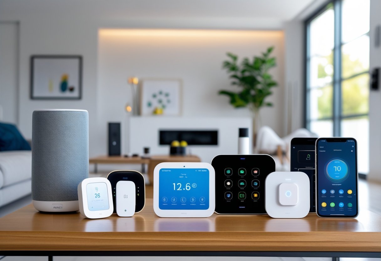 A modern living room with various smart home hubs and controllers arranged on a table, including a smart speaker, touchscreen panel, thermostat, and smartphone displaying a smart home app.