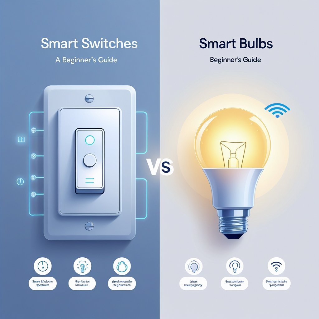 A side-by-side illustration showing a smart switch mounted on a wall and a smart bulb emitting light, with icons representing features between them.