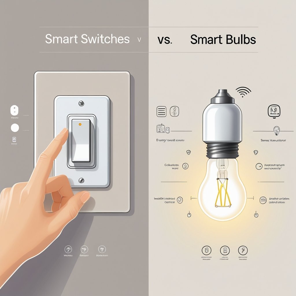 An illustration showing a hand using a smart switch on a wall and a glowing smart bulb in a light fixture, with icons representing their features between them.