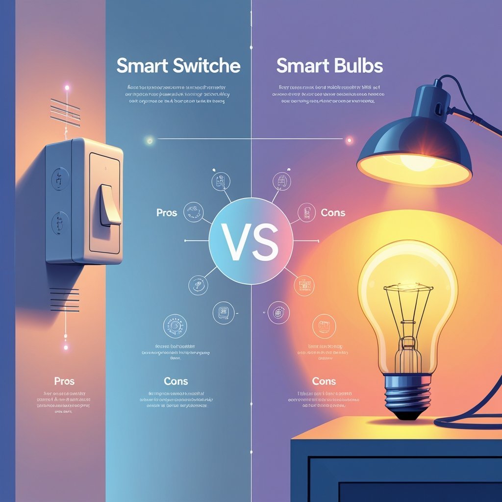 An illustration showing a smart switch on a wall and a smart bulb in a lamp, with icons between them representing their advantages and disadvantages.