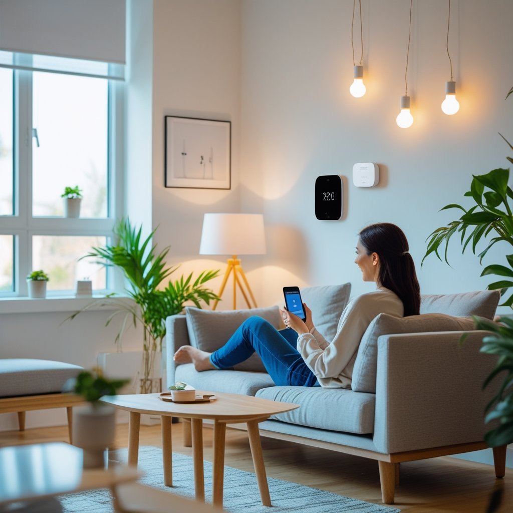 A person sitting on a sofa in a living room using a smartphone to control smart home devices like a speaker, thermostat, and lights.