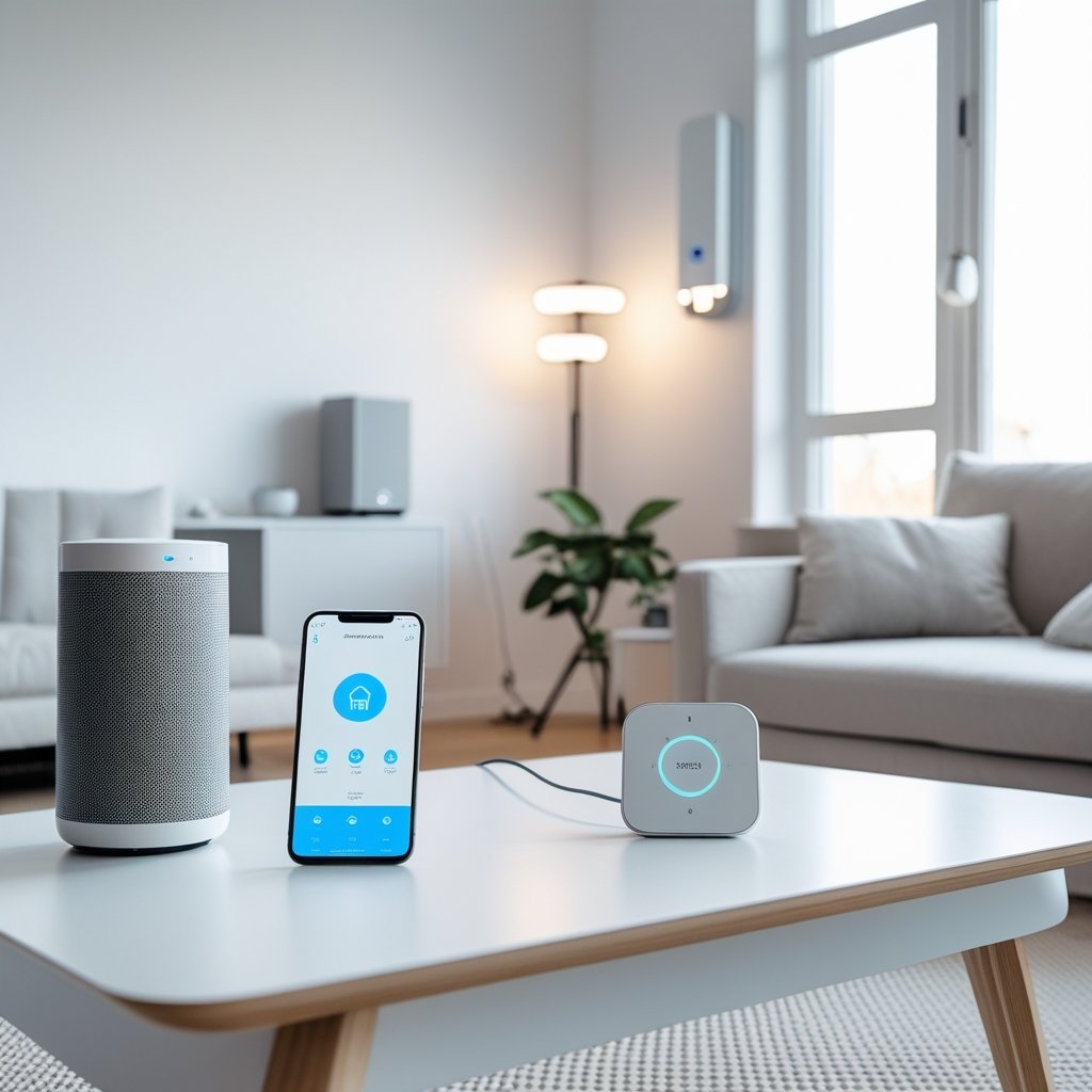 A modern living room with smart home devices including a smart speaker, smartphone showing a home automation app, smart light bulbs, and a smart thermostat on the wall.