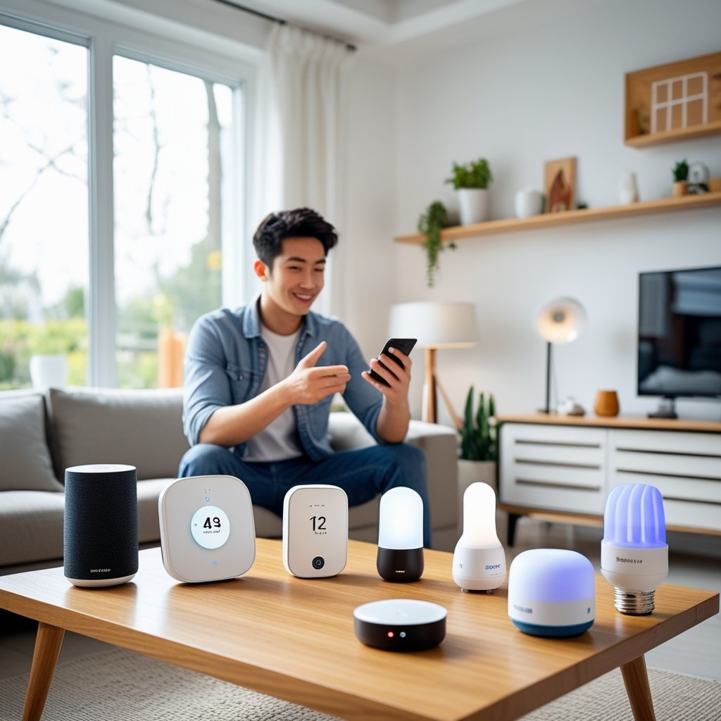 A person using a smartphone to control smart home devices in a bright living room with various smart gadgets displayed.
