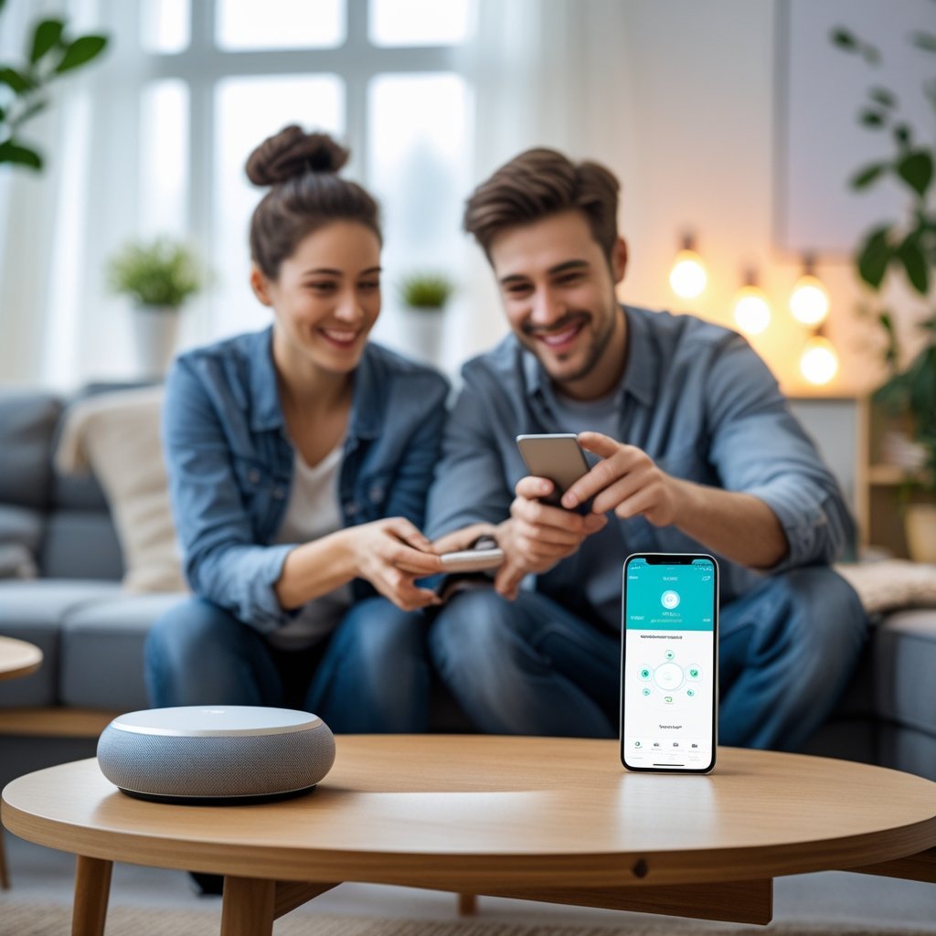 A young couple setting up smart home devices in a bright living room with a smartphone and smart speaker on a coffee table.