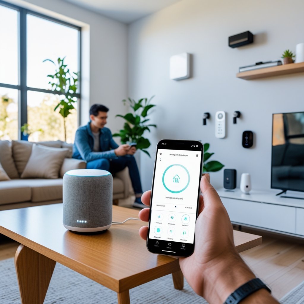 A person using a smart speaker and smartphone in a bright living room with smart home devices like bulbs and thermostat visible.