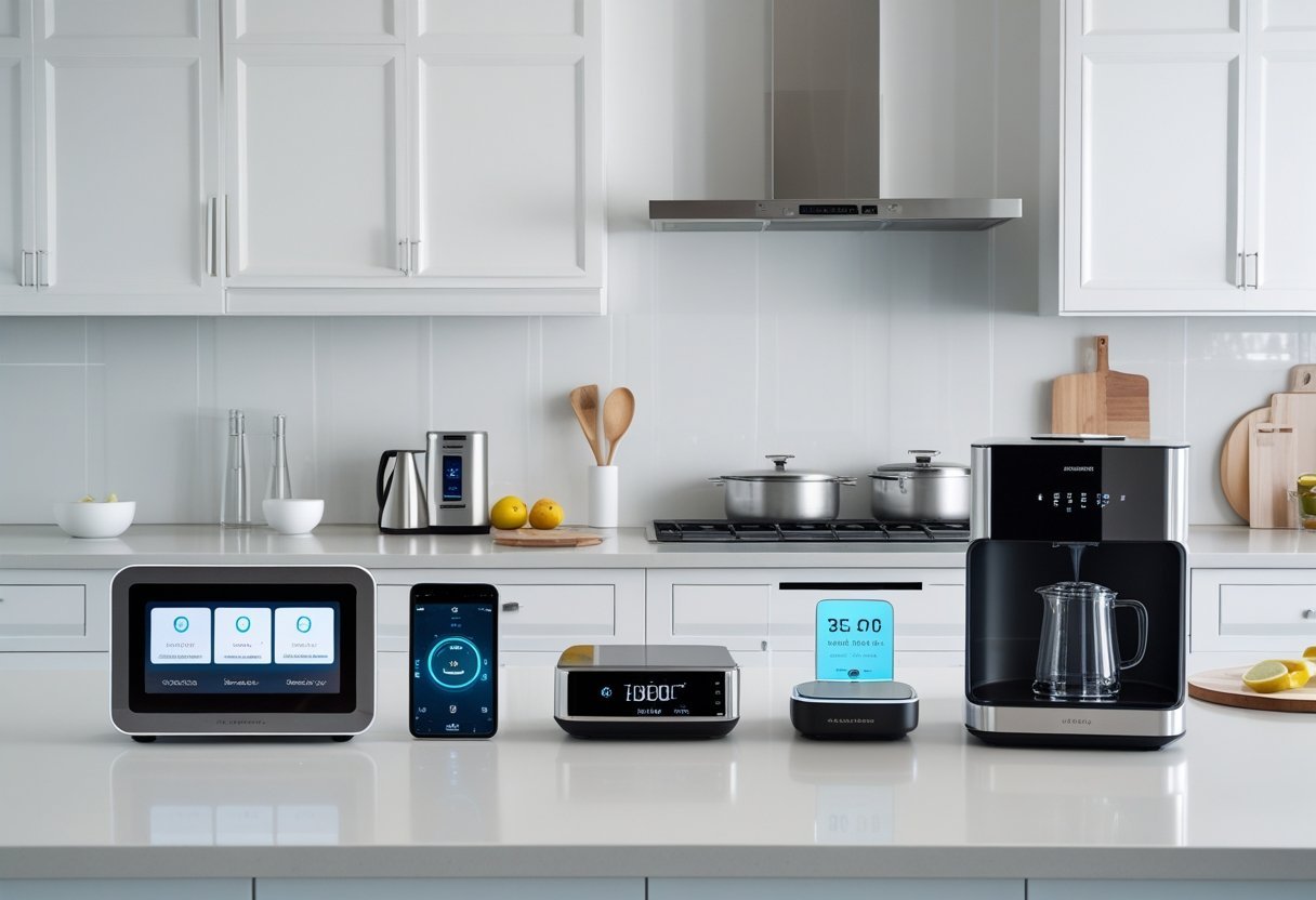 A modern kitchen countertop with five smart kitchen gadgets including a touchscreen oven, smart speaker, digital scale, coffee maker, and sous-vide cooker.
