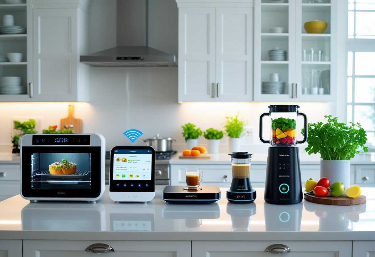 A modern kitchen countertop displaying five smart kitchen gadgets including a touchscreen oven, smart speaker, digital scale, coffee maker, and blender with fresh ingredients.