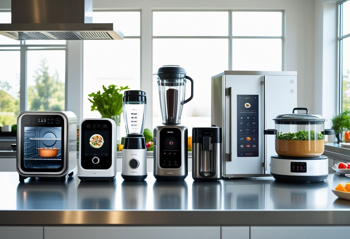 A modern kitchen countertop displaying five smart cooking appliances including an oven, blender, coffee maker, refrigerator, and cooking pot, surrounded by fresh ingredients.