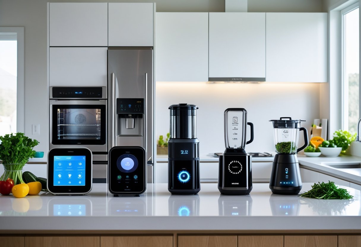 A modern kitchen countertop displaying five smart kitchen devices including a smart oven, refrigerator, blender, voice-activated speaker, and coffee maker with fresh ingredients nearby.