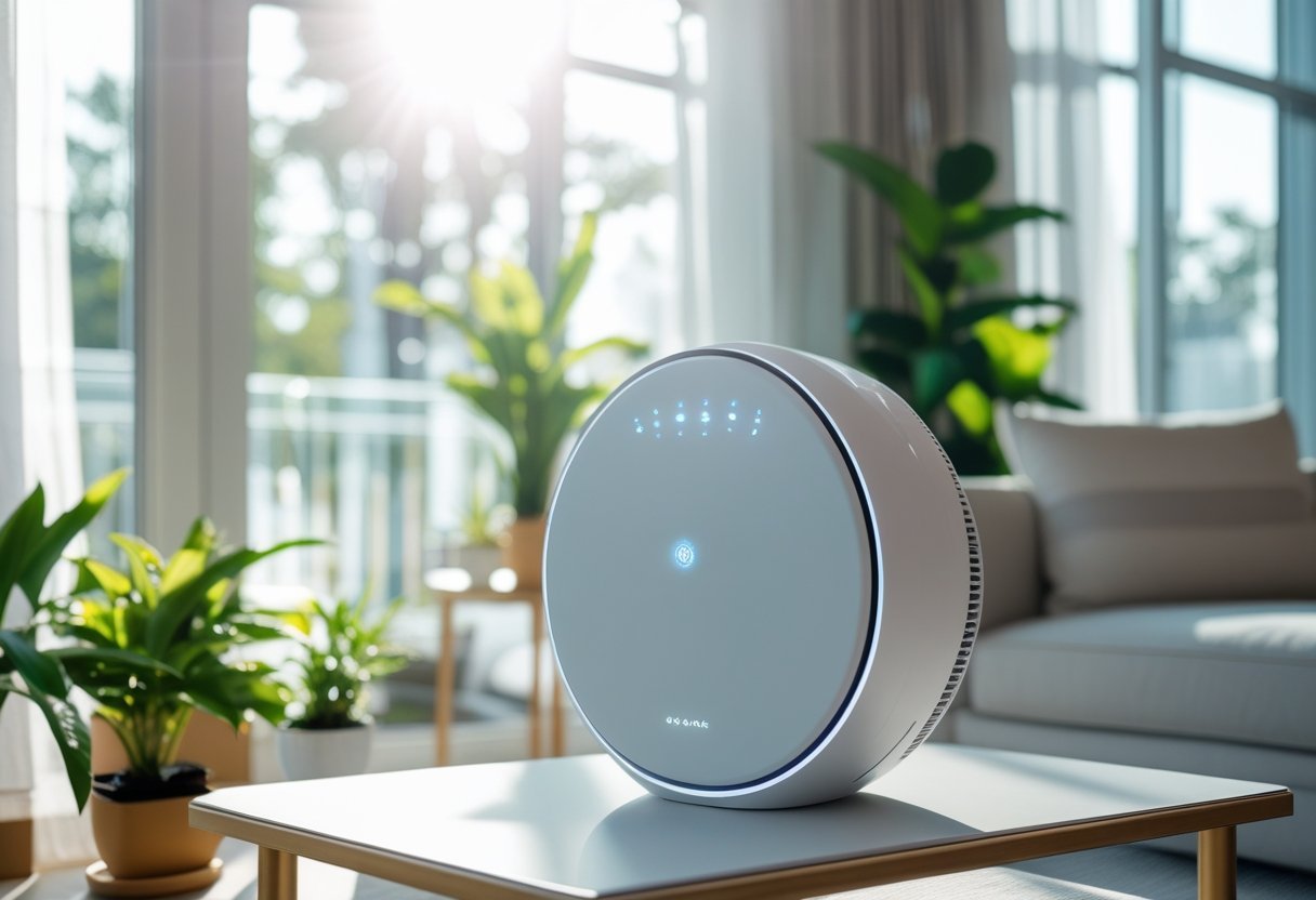 A modern living room with a round smart air purifier on a side table surrounded by plants and sunlight.