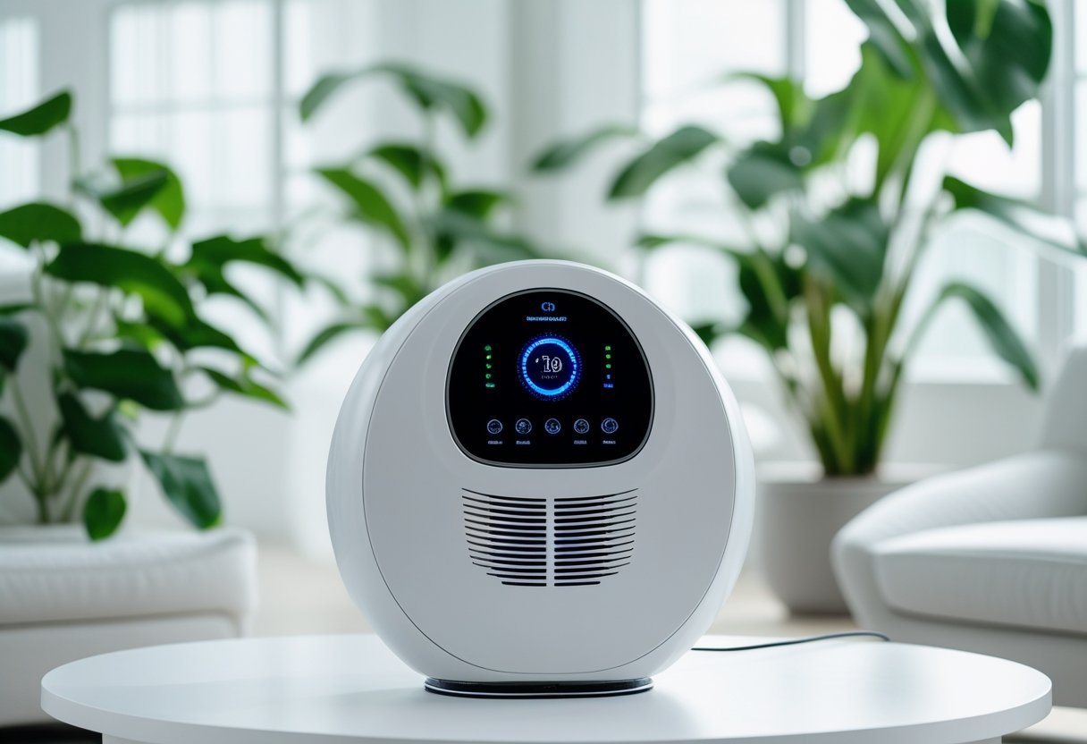A modern smart air purifier on a white table in a bright living room with plants and natural light.