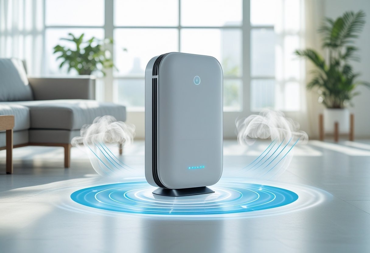 A modern smart air purifier operating in a bright, clean living room with visual effects showing clean air flow around it.