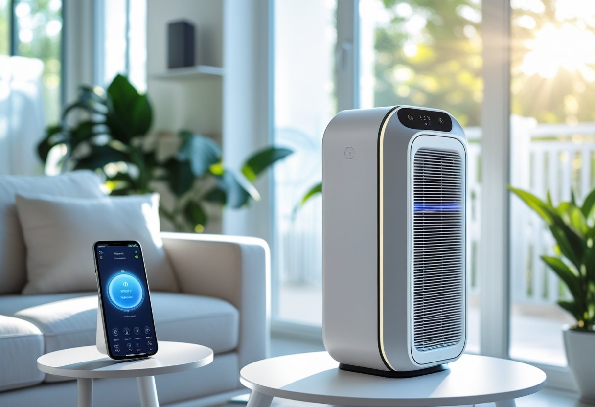 A modern living room with a smart air purifier on a side table, a smartphone displaying a home automation app on a couch, and green plants near a sunlit window.