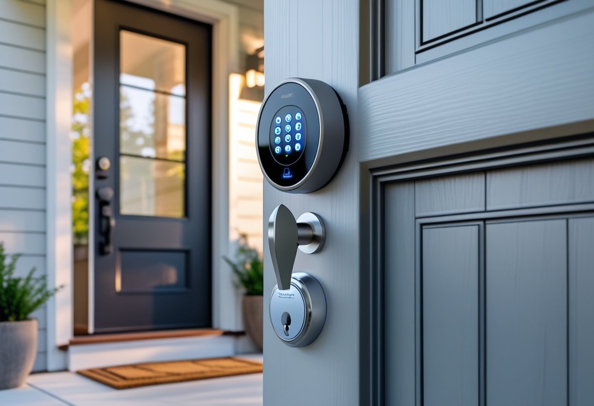 Close-up of a modern front door with a round smart lock keypad installed, showing a keyless home entrance.