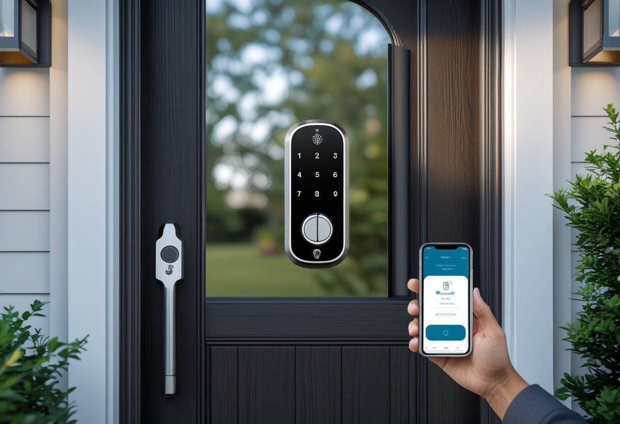 A modern front door with a smart lock keypad and a person holding a smartphone showing a smart lock app.