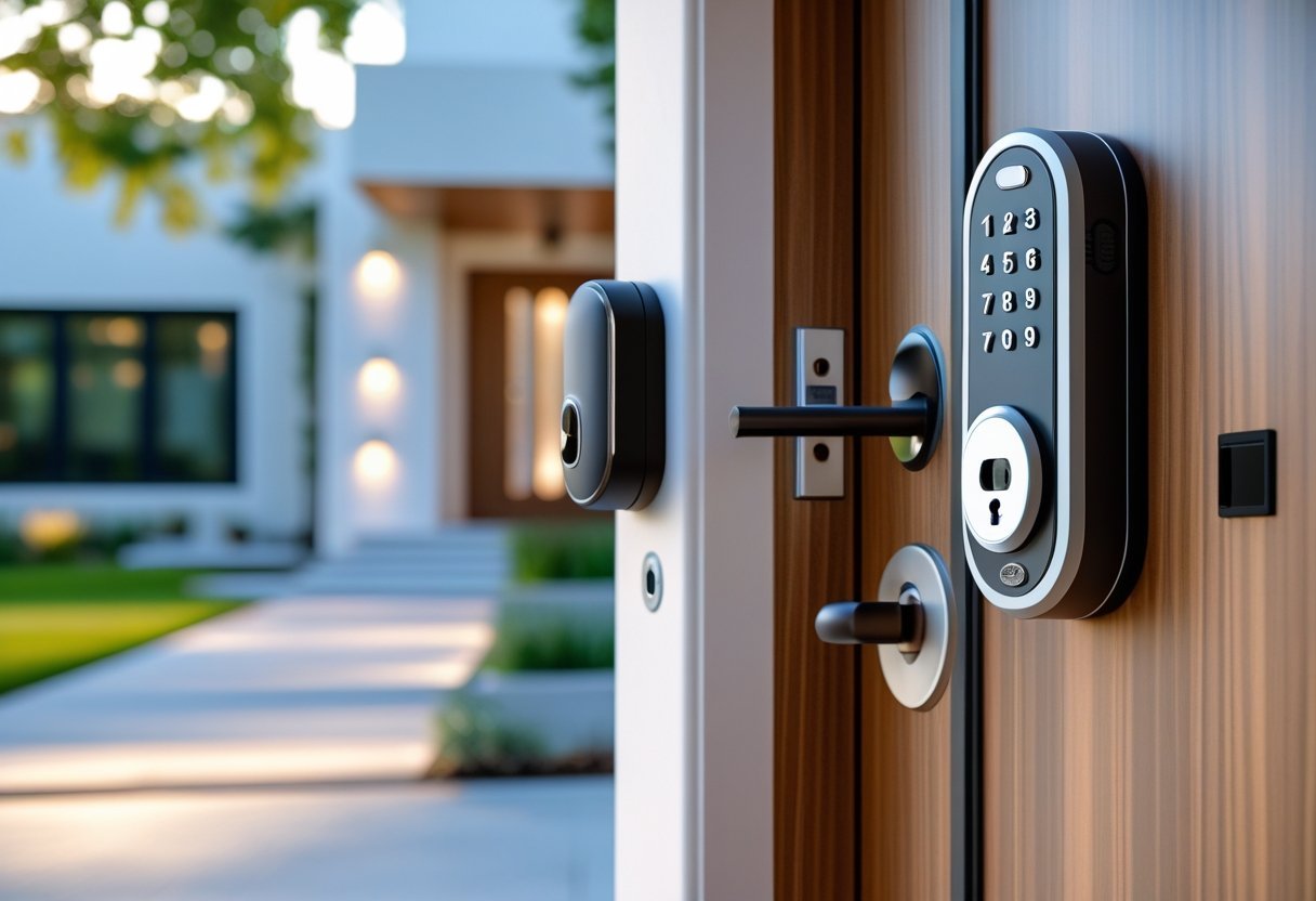 Three different smart locks installed on a modern wooden door at a home entrance.