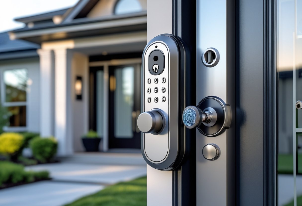 A modern front door with a smart lock keypad on a suburban home surrounded by greenery.