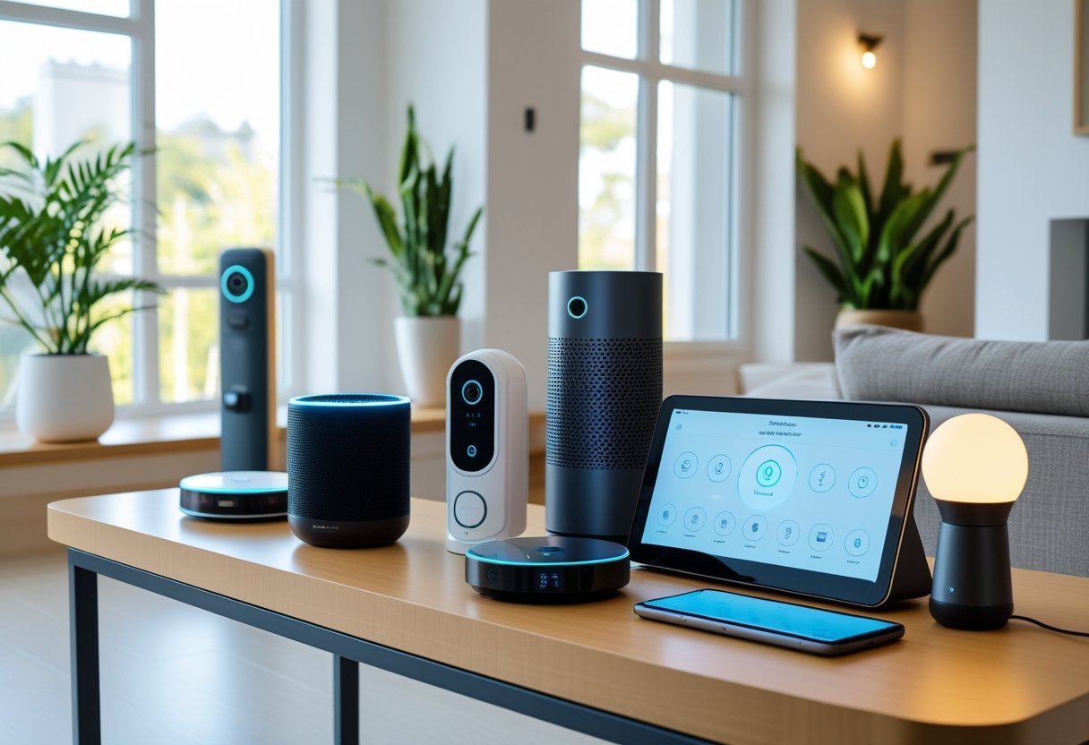 A modern living room with various smart home devices including a smart speaker, thermostat, security camera, robot vacuum, smart light bulb, touchscreen hub, smart door lock, and wireless charger arranged on tables and shelves.