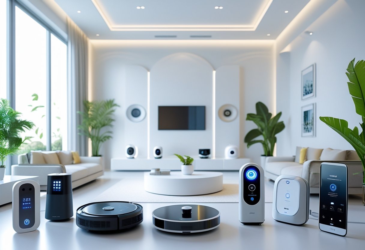 A modern living room filled with various smart home devices like a smart speaker, thermostat, robotic vacuum, security camera, and smart lighting.