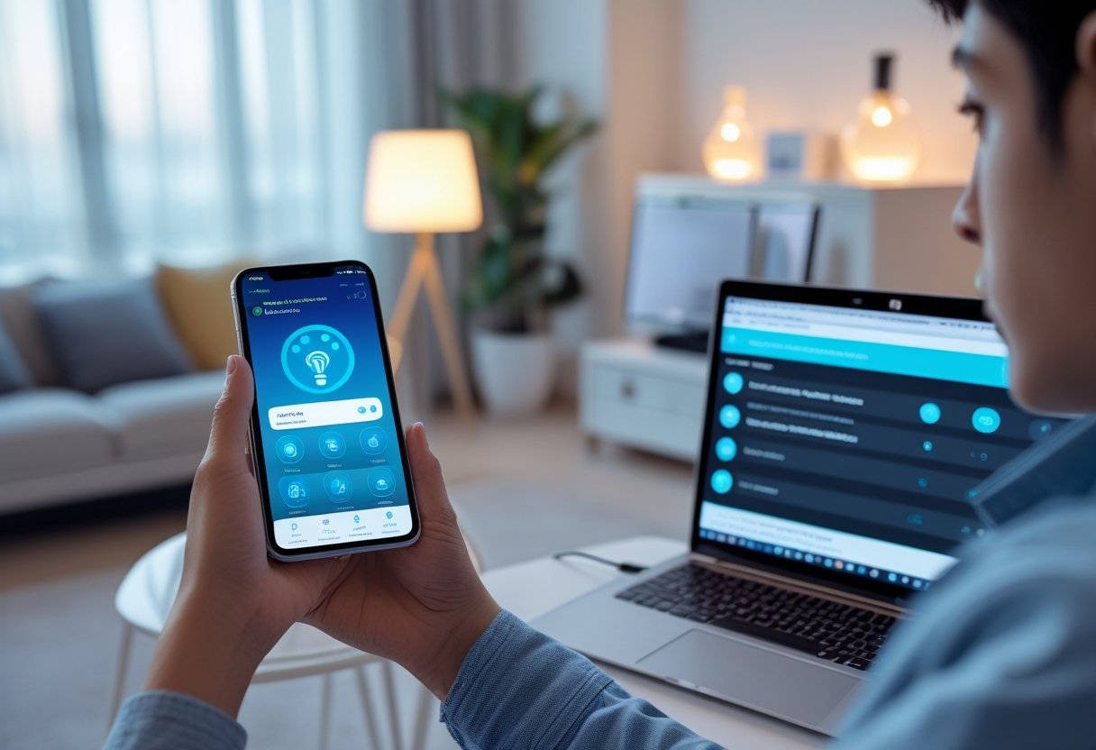 Person holding a smartphone troubleshooting a Sengled smart bulb in a modern living room with a laptop nearby.