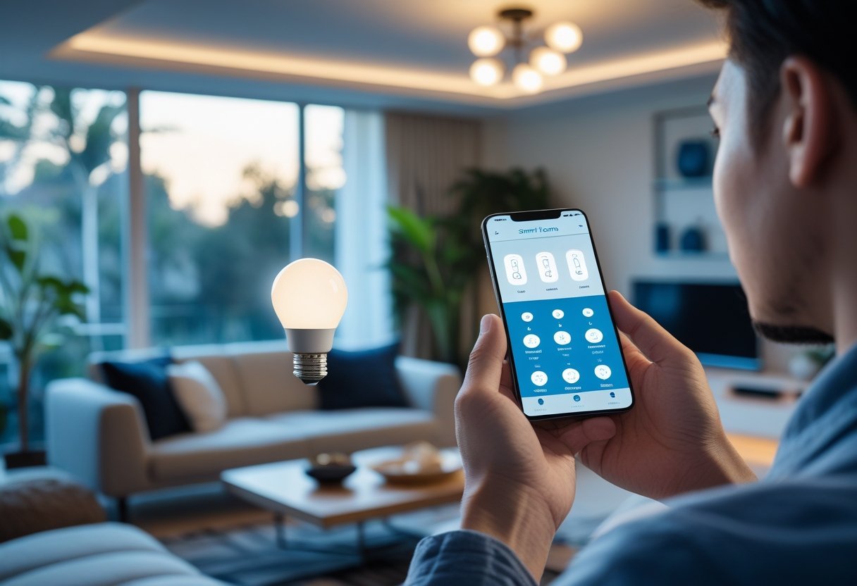 A person using a smartphone to control a Sengled smart bulb in a modern living room.