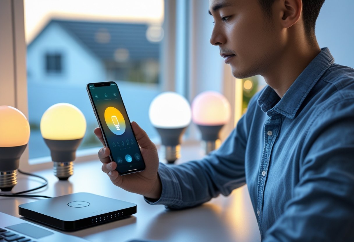 Person using a smartphone to control smart bulbs in a modern home with a Wi-Fi router on a table nearby.