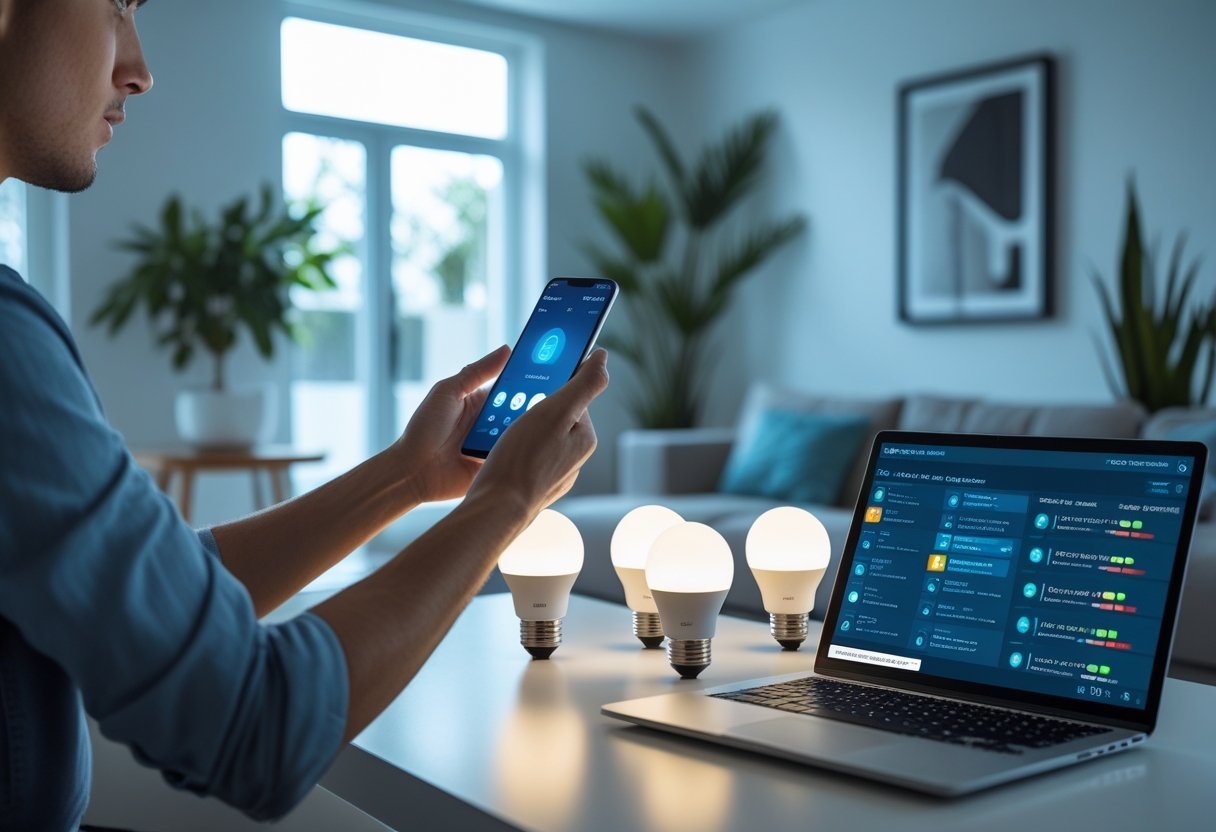 Person using a smartphone to control smart bulbs in a modern living room with smart bulbs glowing and a laptop on a table.