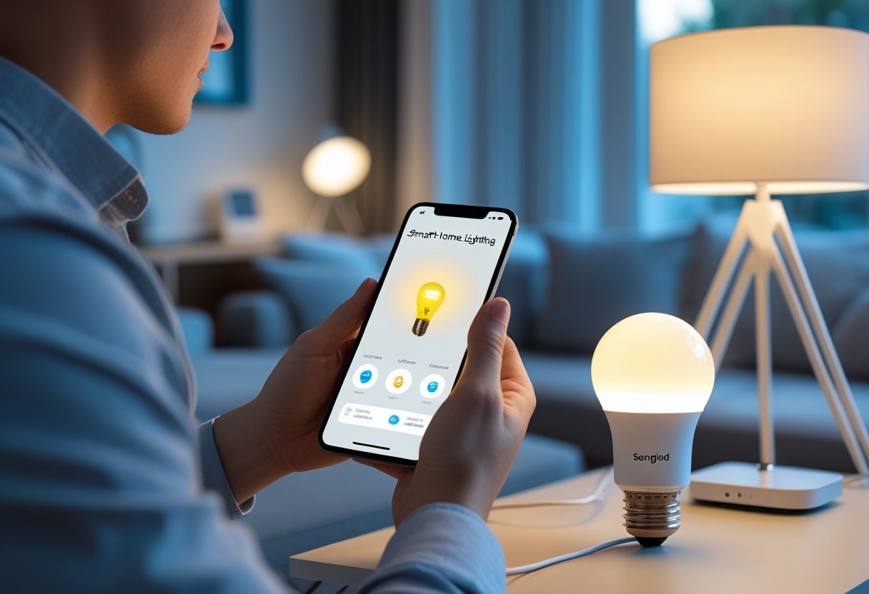Person using a smartphone to troubleshoot a smart bulb in a modern living room with a lamp and smart home devices visible.