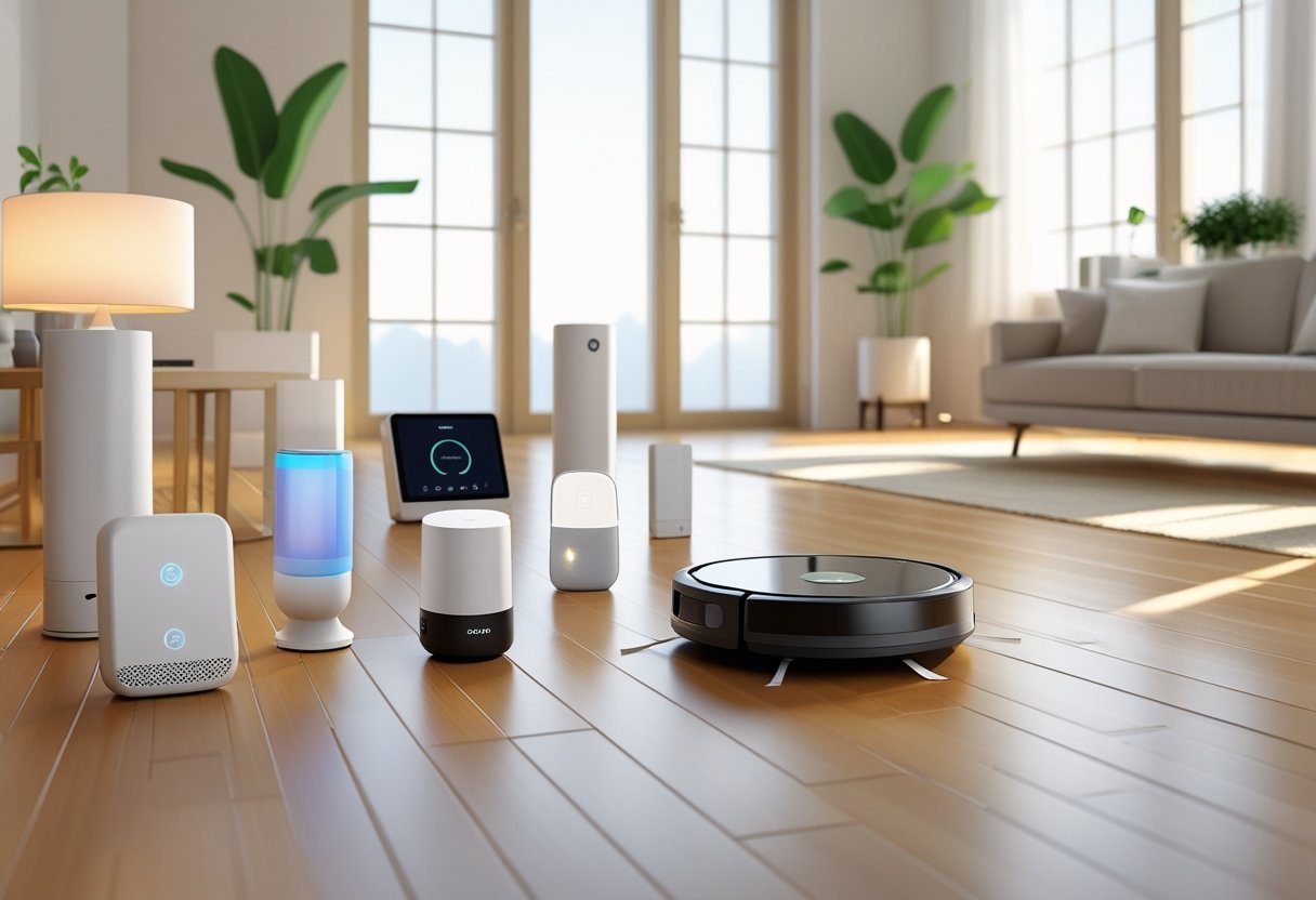 A modern living room with smart home devices including smart plugs, a robotic vacuum, a smart thermostat, and smart speakers arranged on a table and floor.