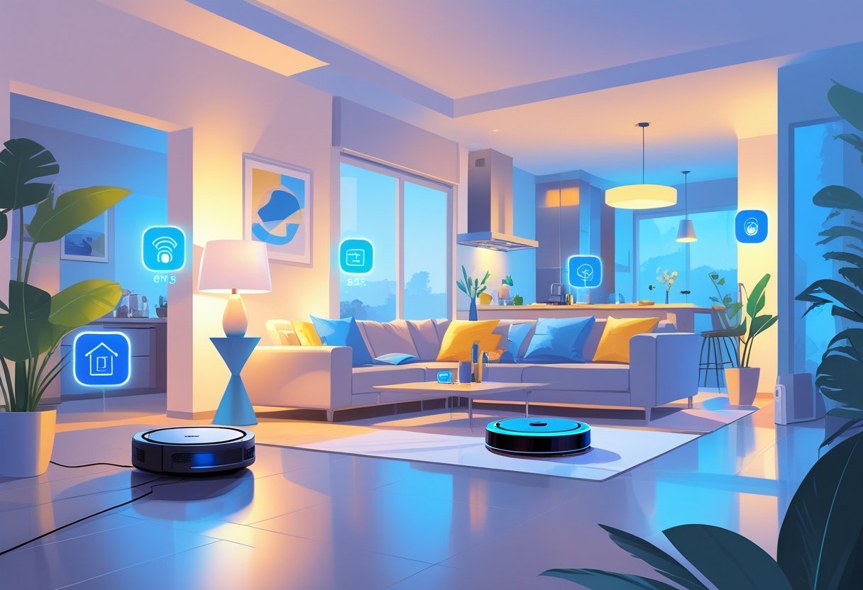 A modern living room with smart plugs, a robotic vacuum, and other smart home devices in use, showing a connected and efficient home environment.