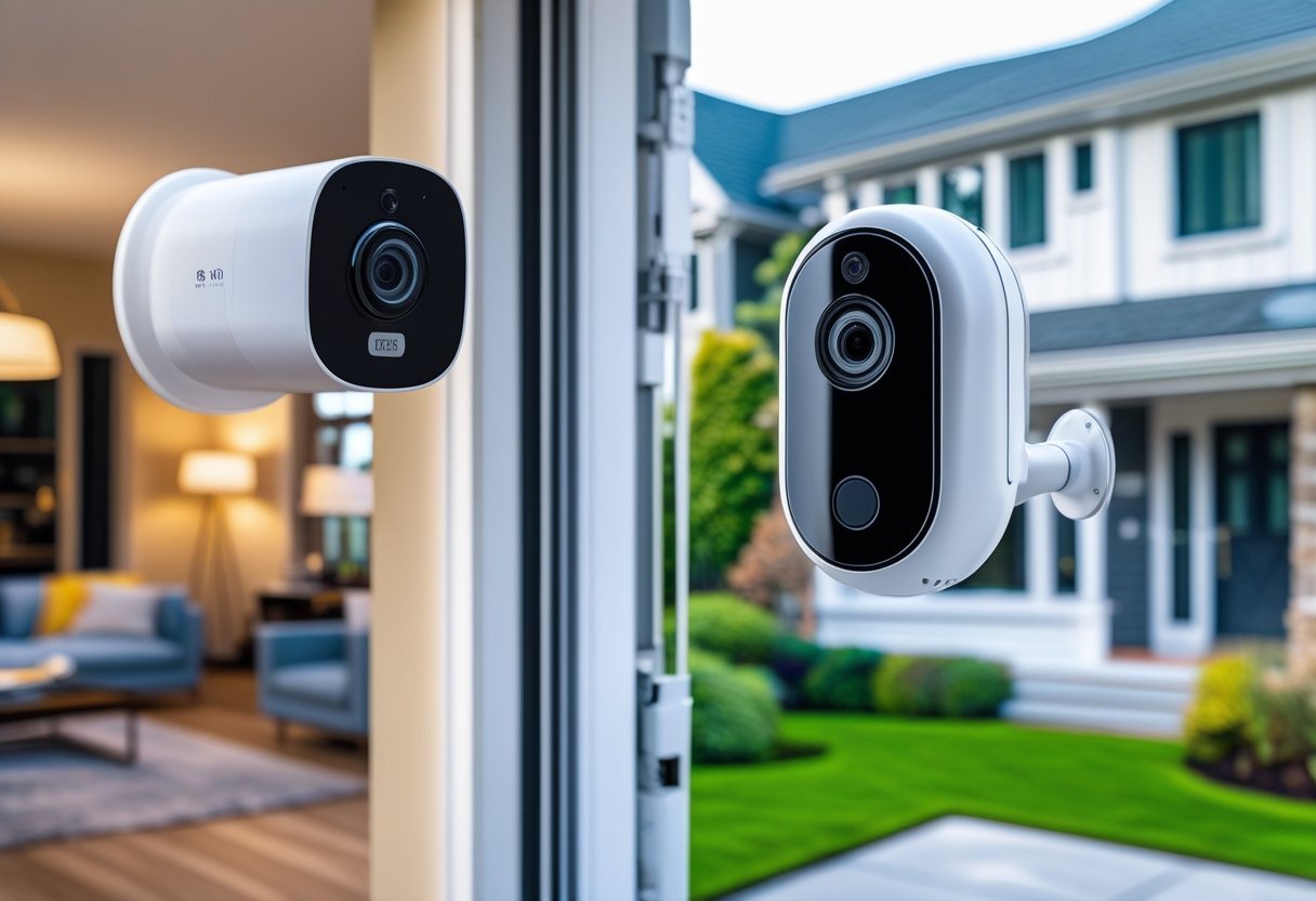 A modern home with smart security cameras installed indoors and outdoors for home monitoring.