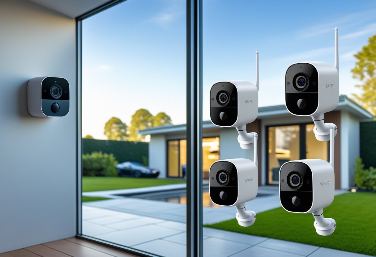 A modern home with five smart security cameras installed indoors and outdoors around the house.