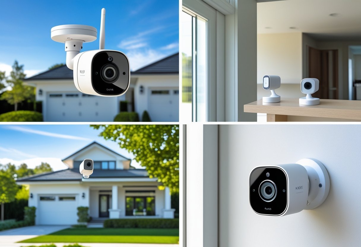Indoor and outdoor smart security cameras installed around a modern home in a bright setting.