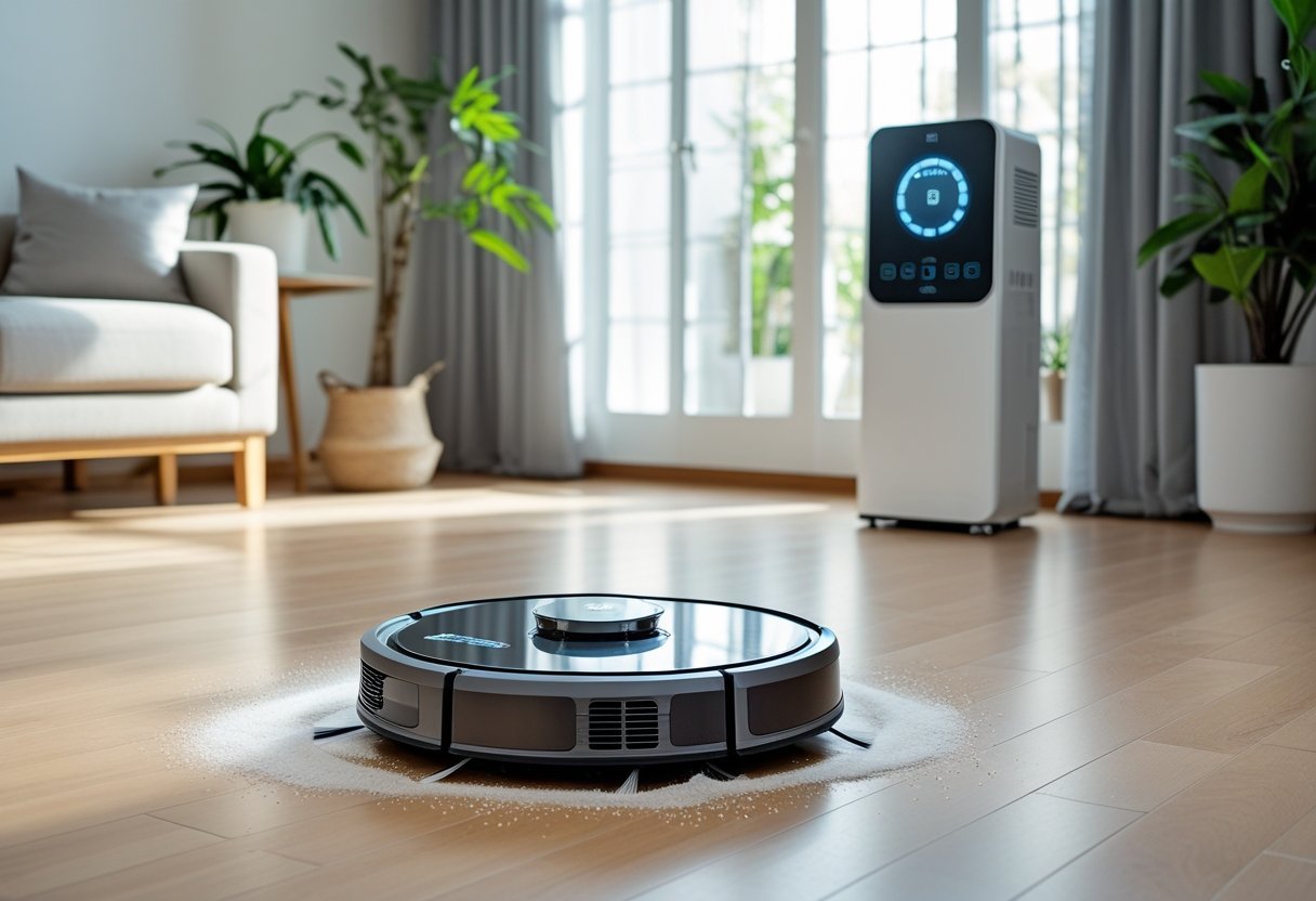 A living room with a robot vacuum cleaning the floor and a smart air purifier in the background, indicating improved indoor air quality.