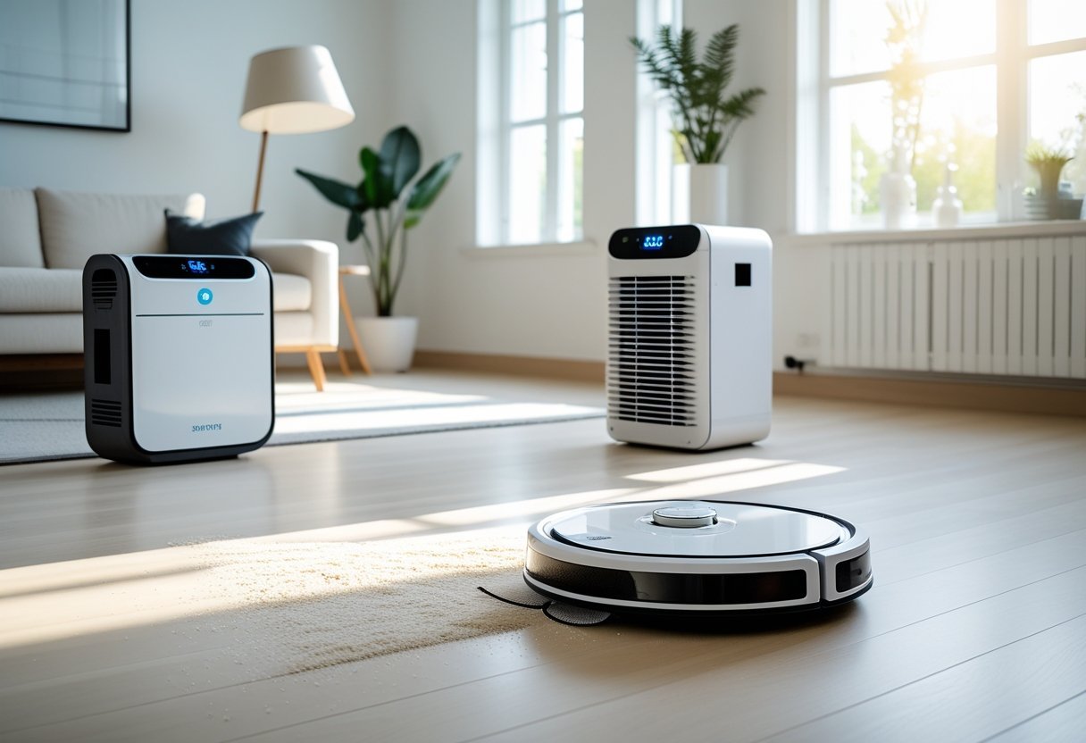 A modern living room with a robot vacuum cleaning the floor and a smart air purifier operating nearby.