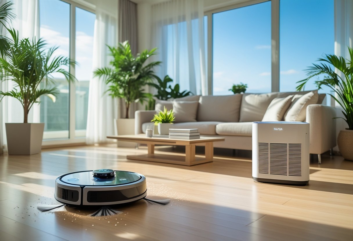 A modern living room with a robot vacuum cleaning the floor and an air purifier operating near green plants by large windows.