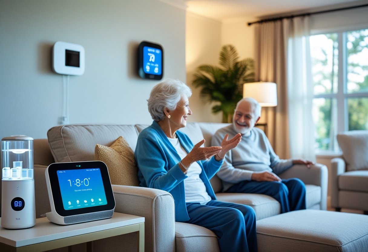 An elderly couple in a living room using various smart home devices like a voice-activated speaker, digital display, smart medication dispenser, and smart lighting.